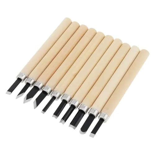Set of ten wood carving chisels with light wooden handles