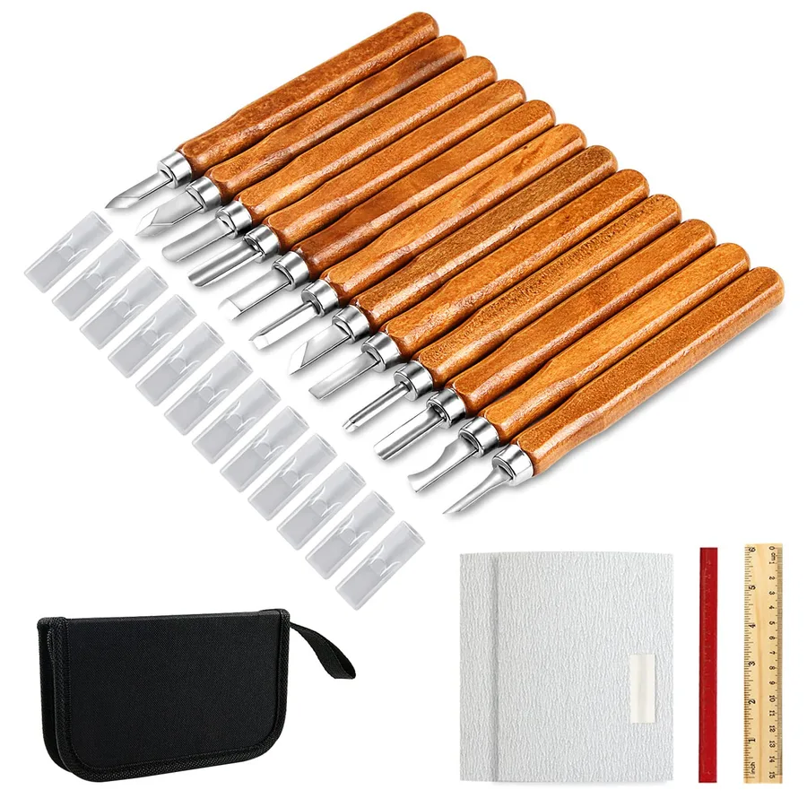 AUGSUN wood carving knives and accessories arranged as a kit
